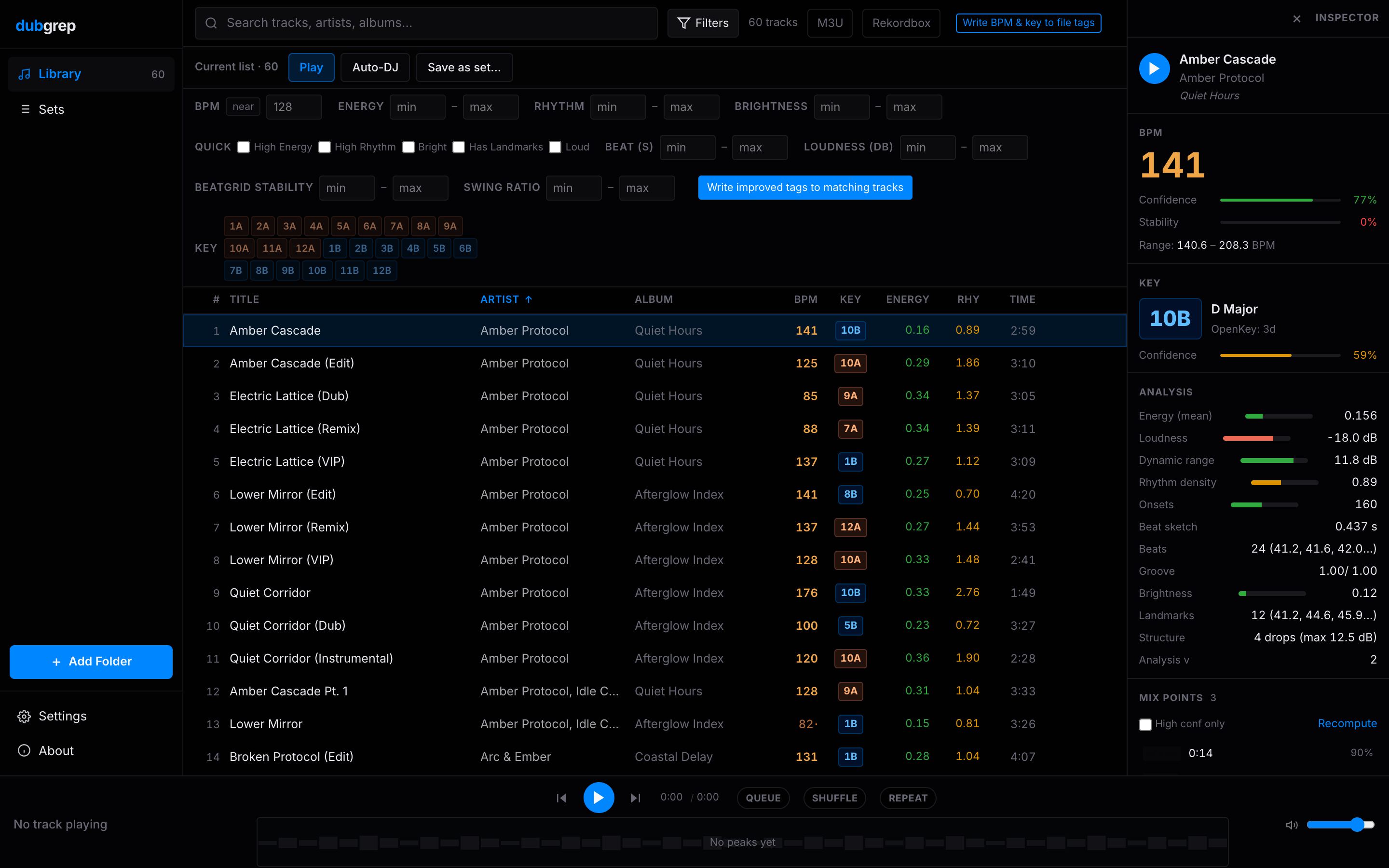 dubgrep filters for BPM, energy, rhythm, brightness and Camelot keys