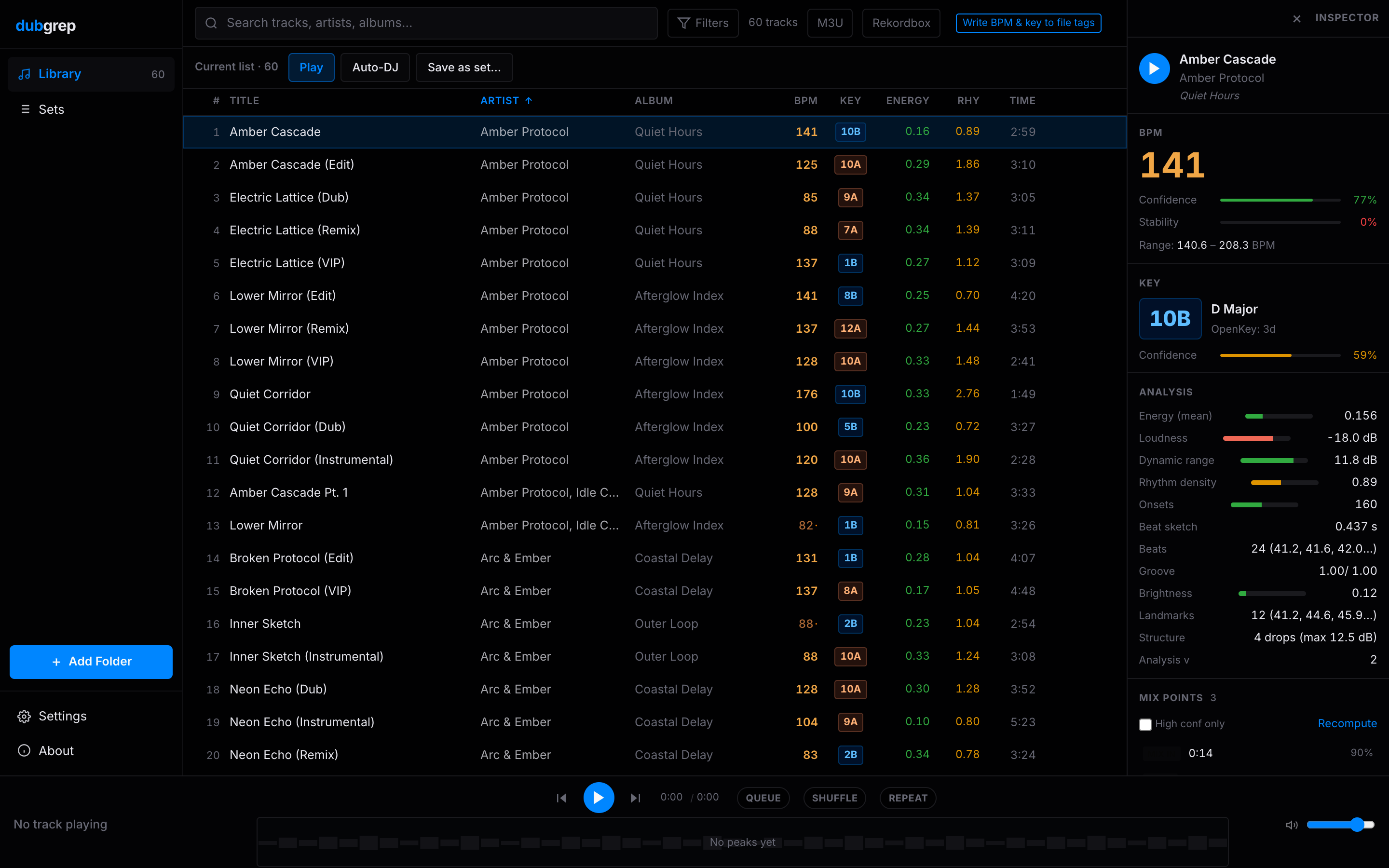 dubgrep track inspector showing BPM confidence, Camelot key, energy and mix points